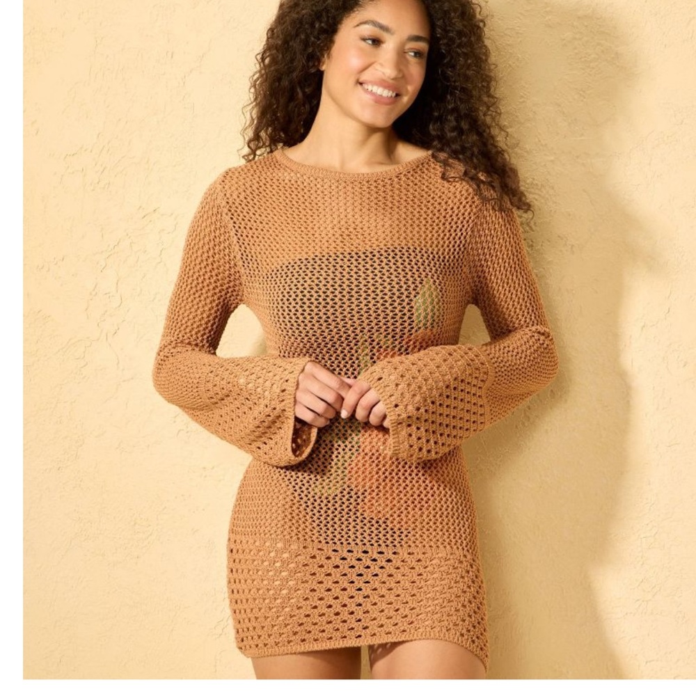 Shade & Shore Brown Crochet Bell Sleeve Swim Cover Up Dress